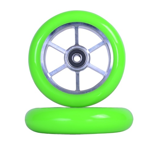 6 Spoke 110mm Scooter wheel - Silver Green PU (pair)